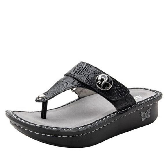 NEW Alegria Women's 8.5-9 Carina Thong Sandals Hello Doily BLACK Size 38 - Picture 1 of 16